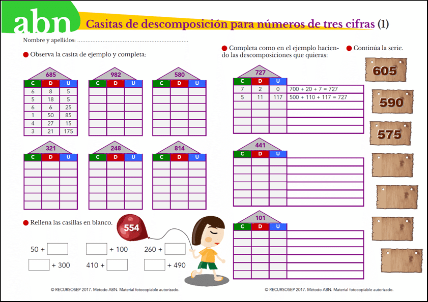 Método ABN. Casitas de descomposición para números de tres cifras