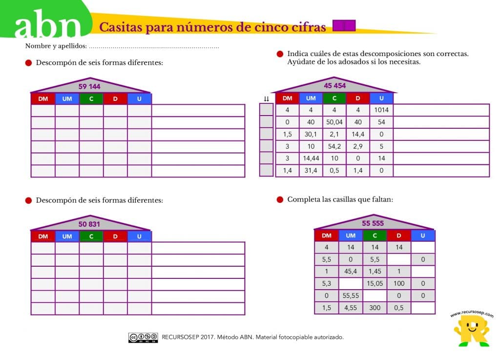 Metodo Abn Ficha De Descomposicion De Numeros De 5 Cifras Con Decimales