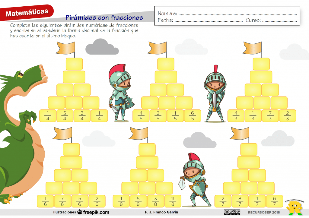 Pirámides de fracciones: suma de fracciones, números 